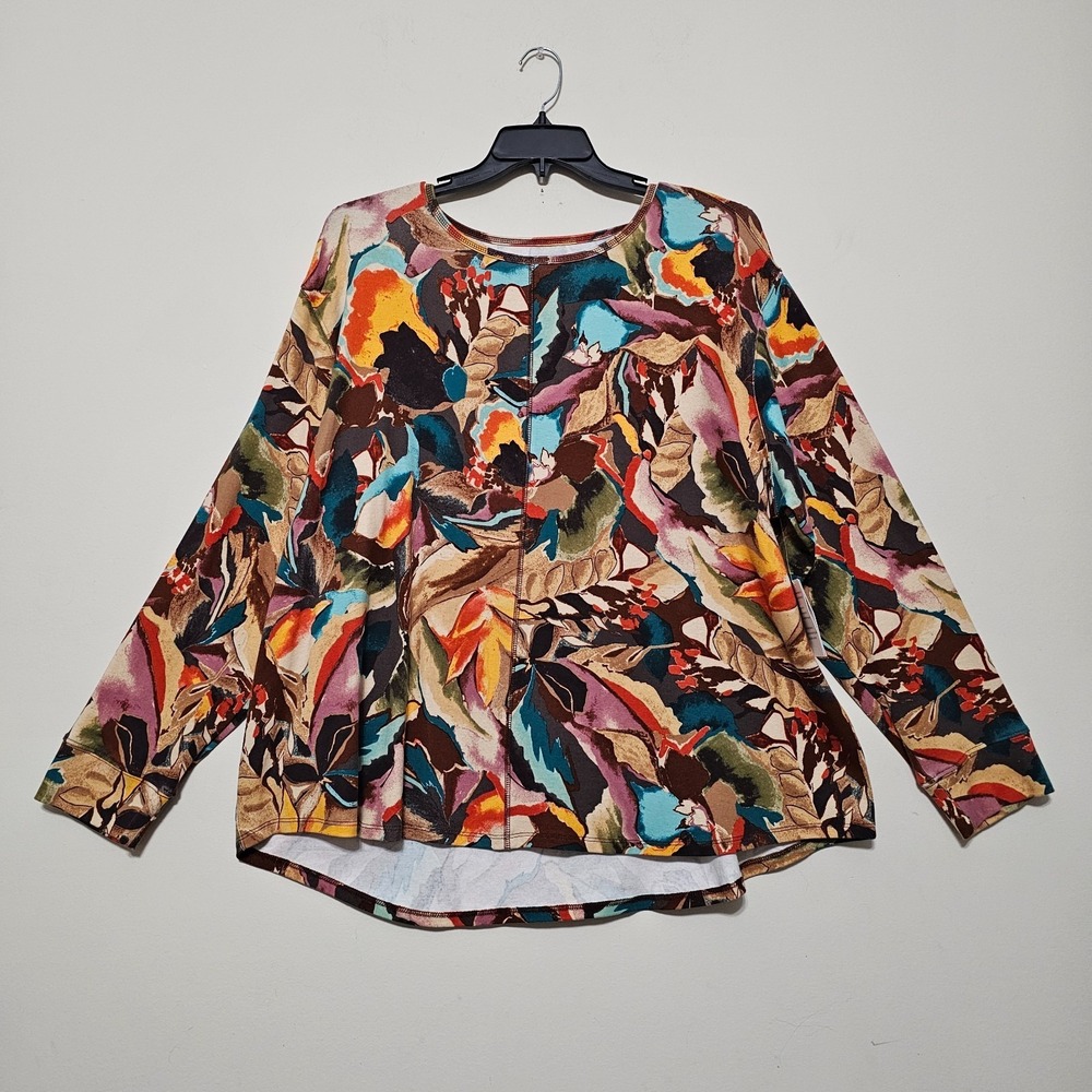 Westbound Blouse Plus 3X Brown Multicolor Long Sleeve Cotton Blend 1056